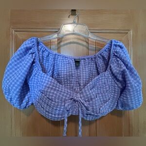 Wild Fable Purple Gingham Crop Top Size Large Puffy Sleeve Tie Front